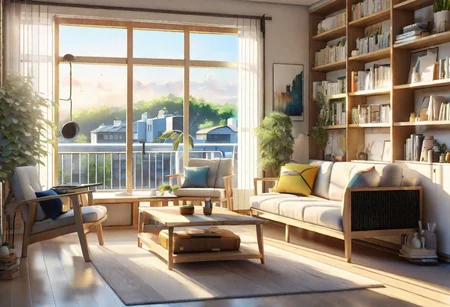 front view, anime-style, modern-style interior, with white walls and large windows, Nordic-style furniture, a  study, Sofa, coffee table, bookcase, single wall, 
warm light morning sun, (the view of the city)