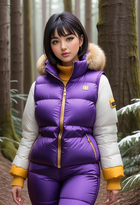 ((((puffer padded jacket)))), ((((puffer padded coat)))), ((((full body)))), ((((fur boots)))), ((((puffer pants)))), ((((puffer hood up)))), winter, snow, forest, 1girl, solo, (masterpiece), detailed face, detailed eyes, (beautiful detailed eyes:1.5), sidelighting, (super detail, hyper detail, intricate_details, detailed), (semi realistic:1.6), (Bob cut), blunt bangs,(black hair), (purple eyes, eyelashs), tanned skin, smug smile, angry face, Golden jewelery, golden rings, golden necklace, golden armlets, golden chains, padded collar, Thick padded collar, <lora:Collar-SDXL:0.6>, <lora:cropped_puffer_vest_v2:0.4>, <lora:snowpants_v1:0.4>