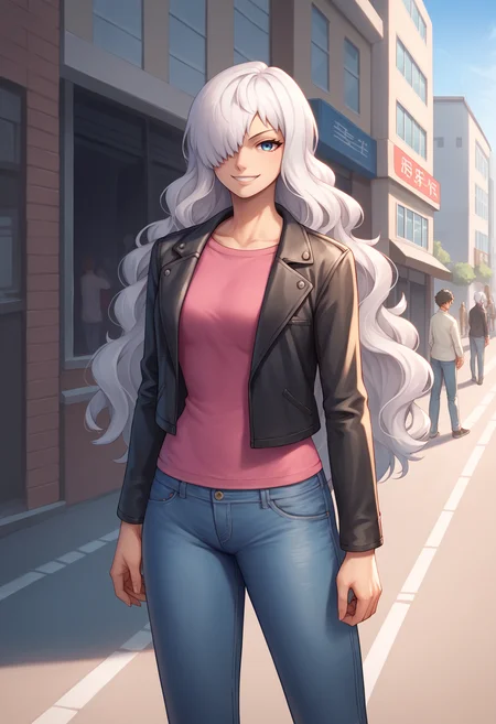 score_9, score_8_up, score_7_up, score_6_up, score_5_up, score_4_up, BREAK,
1girl, charlottesmoothie, white hair, long hair, blue eyes, hair over one eye,
black leather jacket, denim jeans pants,
smile, upperbody, looking at viewer, street, building, crowd, tokyo street background <lora:CharlotteSmoothieXL:1>