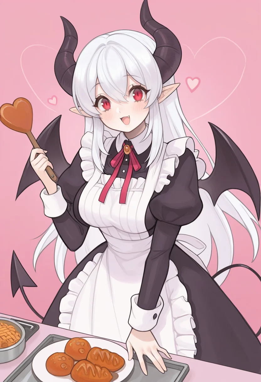 masterpiece, best quality, <lora:Alpaca:1> 4lp4c4, 1girl, heart, horns, wings, solo, apron, long hair, tail, pointy ears, puffy sleeves, smile, ribbon, open mouth, long sleeves, holding, dress, demon tail, demon horns, black dress, frills, demon girl, blush, :d, white hair, breasts, food, bangs, hair between eyes, looking at viewer