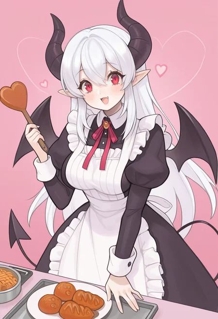 masterpiece, best quality,  <lora:Alpaca:1> 4lp4c4,  1girl, heart, horns, wings, solo, apron, long hair, tail, pointy ears, puffy sleeves, smile, ribbon, open mouth, long sleeves, holding, dress, demon tail, demon horns, black dress, frills, demon girl, blush, :d, white hair, breasts, food, bangs, hair between eyes, looking at viewer