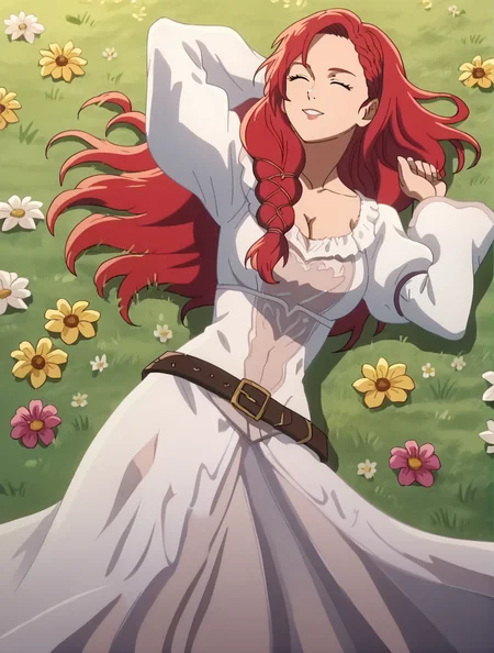 score_9, score_8_up, score_7_up, (anime coloring), anime screencap, clean outlines, <lora:HeraLOTR:1>, HeraLOTR, solo, red hair, long hair, ((((white dress)))), belt, cleavage, breasts, (headwear), long flowing sleeves, puffy shoulders, green eyes, lying on flowers, flowers, flower field, from above, detailed background, realistic background, godrays, depth of field, shadows, angle, eyes closed, head aimed up, little smile, hand behind head, knees, <lora:add-detail-xl:1>