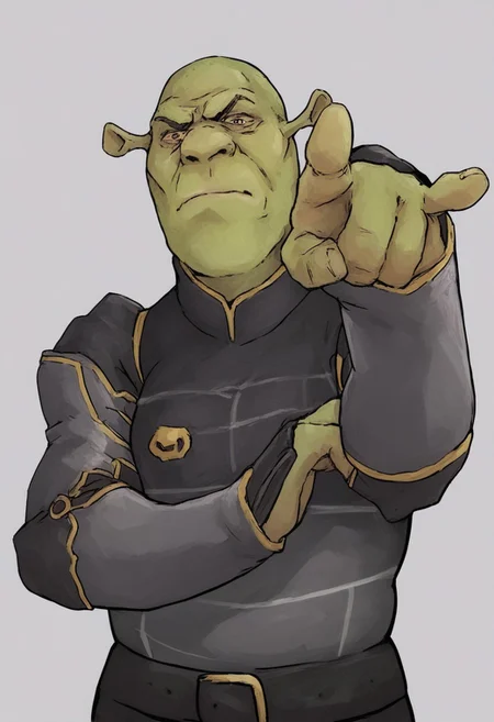 score_9, score_8_up, score_7_up, 1 boy, Shrek, pointing with two fingers, pointing, looking at viewer, Sign of the Horns, corma gesture, horns sign, horns gesture,