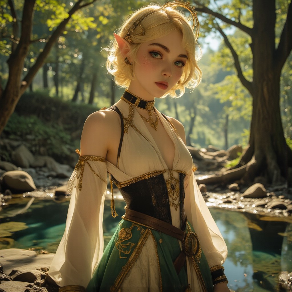 The image is a high-resolution Anime art of a woman standing in a serene, sunlit forest pond. She is an elf-like character with fair skin, a petite yet athletic build, and short, styled blonde hair adorned with a gold circlet. She has pointed ears, a distinctive feature of her elven appearance. She wears an intricate, ornate outfit that is a mix of dark green and white fabrics with gold accents with her bare breast out, z3ld4, The lighting enhances her features, creating a soft interplay of light and shadow, while the high-resolution quality captures every detail with photorealistic clarity