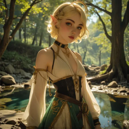 The image is a high-resolution Anime art of a woman standing in a serene, sunlit forest pond. She is an elf-like character with fair skin, a petite yet athletic build, and short, styled blonde hair adorned with a gold circlet. She has pointed ears, a distinctive feature of her elven appearance. She wears an intricate, ornate outfit that is a mix of dark green and white fabrics with gold accents with her bare breast out, z3ld4, The lighting enhances her features, creating a soft interplay of light and shadow, while the high-resolution quality captures every detail with photorealistic clarity