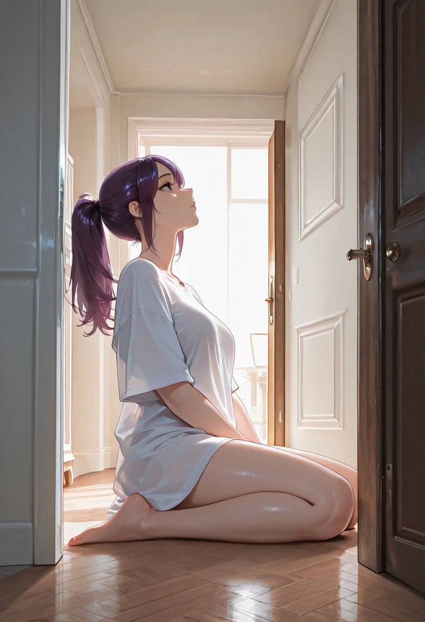 best quality, masterpiece, ultra-HD, cinematic lighting,aesthetic,drpeek,1girl,adult,solo, purple hair,ponytail,black eyes,eyes detail,looking up,white oversized short shirt,bare legs,bare feet,medium breasts,in bedroom,decorate,open door, opening door, full body view,sitting on the ground,BREAK, sunlight, indoors, absurdres, volumetric lighting, tack sharp focus, beautiful composition, intricate detail, professional illustration,from side