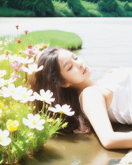 overexposure, 1girl, lying on river, flowers, <lora:è¿åº¦æå
T1:0.8>