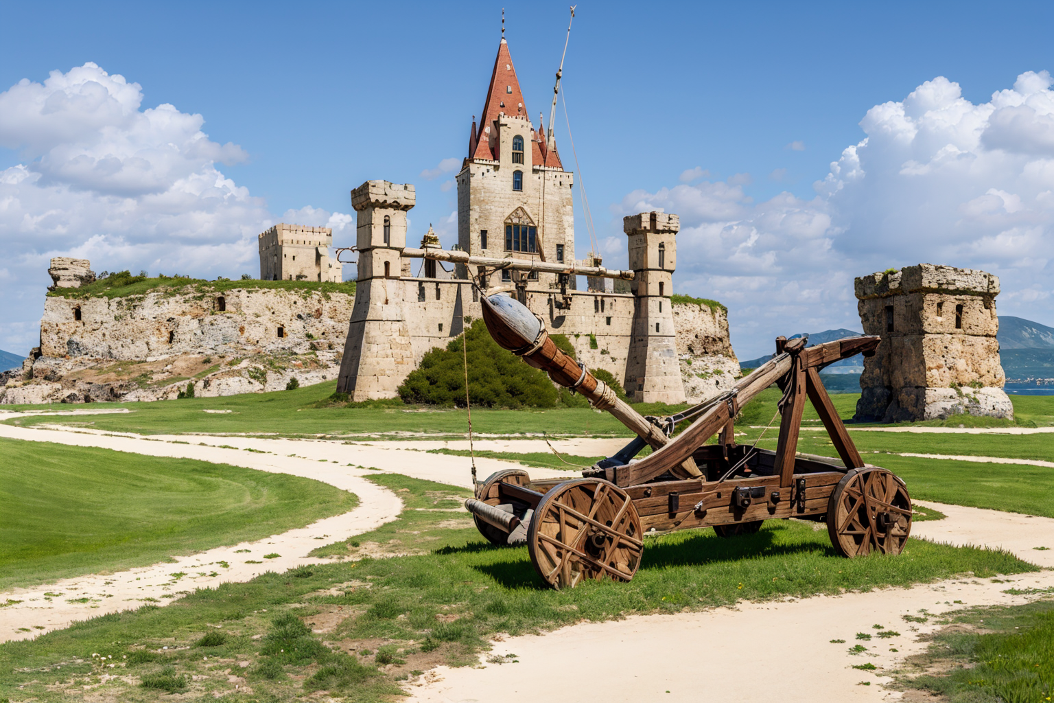 (masterpiece, best quality:1.2), ultra-detailed, big catapult in front of castle, (realistic:1.5),  <lora:EdobMedievalCatapult_v1.0:0.8>