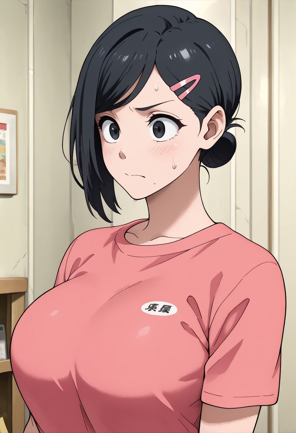 masterpiece,best quality,amazing quality, <lora:sakamoto_aoi_ilxl_goofy:1> sakamoto aoi,black hair,black eyes,hairclip,single sidelock,   1girl, solo, shirt, sweatdrop, upper body, indoors, short sleeves, pink shirt, t-shirt, large breasts