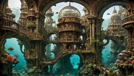 <lora:SDXL_under_water_Sa_May:1> (intricate details, masterpiece, best quality: 1.4), distanced shot, a large under water city with glass domes and balconies, natural stone bridges connect buildings, vibrant colored fish and coral, seaweed, underground building, <lora:zavy-cntrst-sdxl:1> . Antique, mechanical, brass and copper tones, gears, intricate, detailed