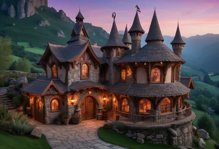 award winning, (professional photo) of (spacious fantasy workshop home) with castle-like turrets, turreted roof with spires, Wooden walls, arched windows with wooden shutters, double doors with crystal inlays, painted symbols banners, fairy lights wishing well, located in an ancient mountain ridge, with weathered stones, fascinating carvings, a sense of history, at twilight, , creative, beautiful, vibrant, masterpiece, 64k, UHD, HDR, full view, atmospheric lighting, extremely detailed
