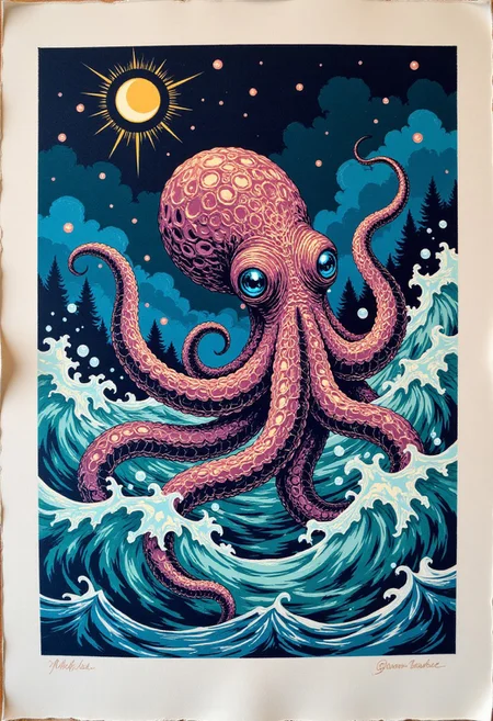 “Cerulean and copper linocut print of a tidal kraken’s tentacle breaking through the sea, bold negative space, rough‑hewn texture, copper‑foil water droplets catching the light.”
, aidmaHiDreamStyle , aidmamjv7