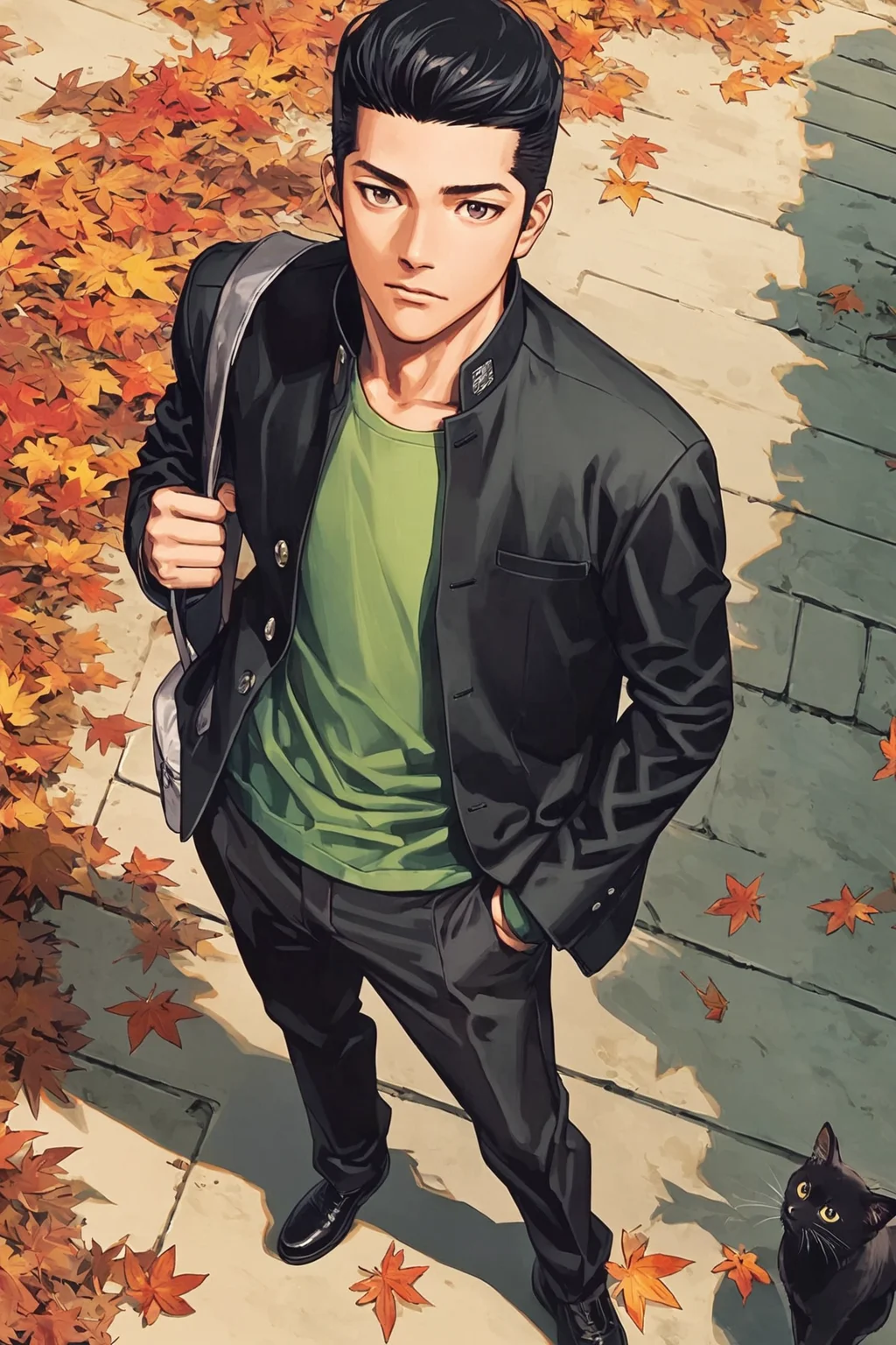 1boy,black cat,cat,male focus,black hair,shadow,jacket,hand in pocket,pants,bag,shoes,black jacket,standing,leaf,open clothes,from above,shirt,long sleeves,looking up,green shirt,black pants,open jacket,holding,gakuran,autumn leaves,full body,solo,animal,outdoors,school bag,hand up,school uniform,looking at viewer,holding bag,bangs,<lora:Inoue Takehiko_XL:0.8>,