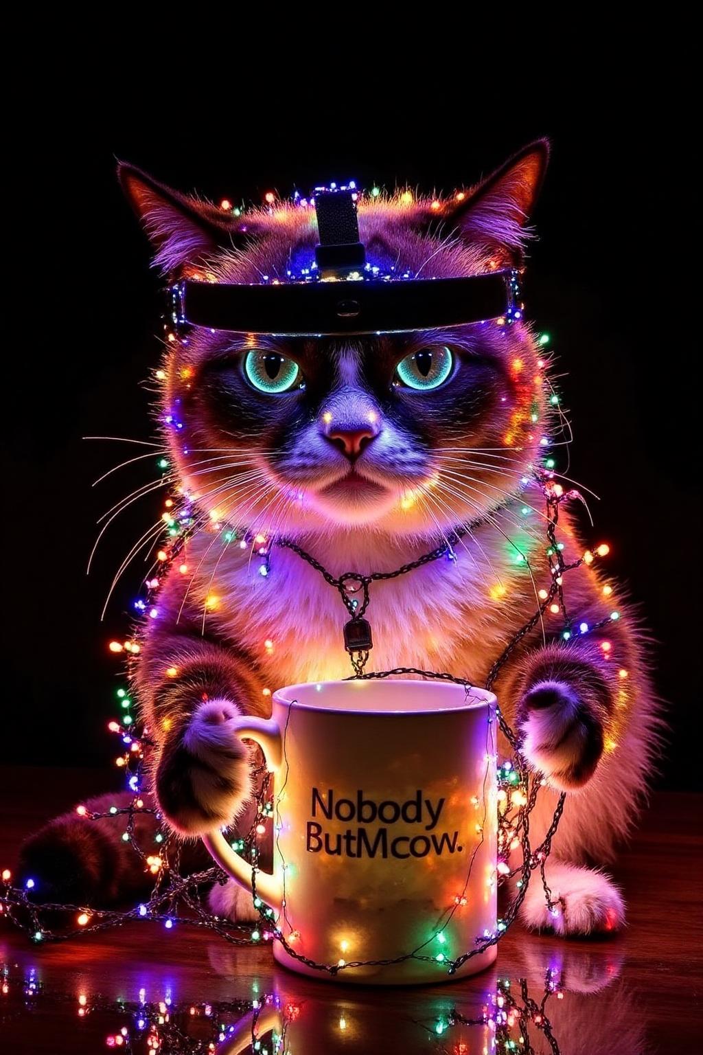 Grumpy Cat,  holding a coffee mug, wearing a VR Headset. The mug has the phrase "NobodyButMeow" is printed.  Grump cat decoreated with Christmas lights, <lora:xmaslight3_nocap_d6a3:1.0><lora:808762635840637147:0>