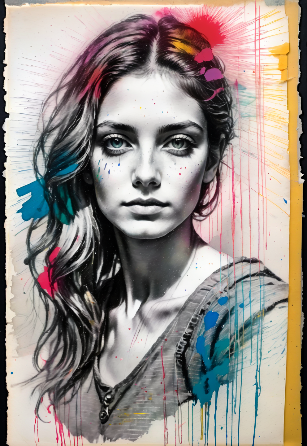 Pencil sketch in general independent, multiple exposures, distressed color photocopy, splashes of color