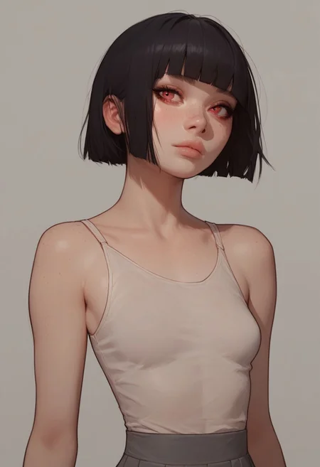 score_9, score_8_up, score_7_up, score_6_up, score_5_up, score_4_up, (1girl, 18 years old, sexy small breasts, skinny, sexy young face, red eyes, black hair, bob haircut, fringe, pookies, small outline under skirt, freckles, ,) close up, extremely detailed face, slutty,