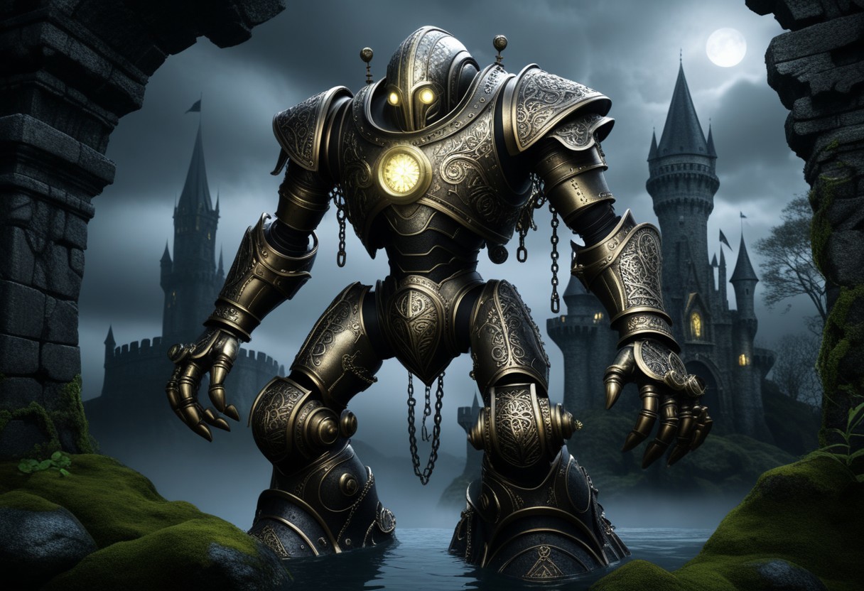 giant bipedal robot silver and yellow and bronze paisley robot. lacy robot diver helmet head. outside of a steampunk keep. large detailed torso. dark image. one forty foot tall ancient robot with great arms and two heavy spring legs. dark foggy night background. $dark foggy night image only. dark photo realistic image. steampunk details. cogs, chains and pipes incorporated in the fantasy buildings. magic wizards tower in background. Dark swamp, moss, castle ruins, wizards tower. stormy dark night. scary machine