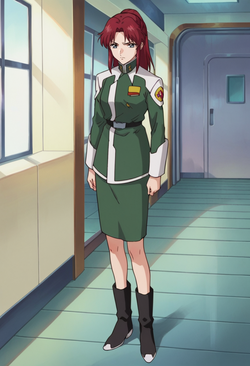 score_9,score_8_up,score_7_up,score_6_up,score_5_up,score_4_up,anime coloring,source_anime,<lora:Flay_Allster_Gundam_SEED_Pony:0.7>,flay,1girl,solo,grey eyes,red hair,high ponytail,green jacket,green skirt,black boots,serious,standing,indoors,room,looking_at_viewer,