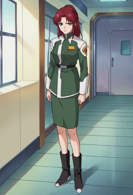 score_9,score_8_up,score_7_up,score_6_up,score_5_up,score_4_up,anime coloring,source_anime,<lora:Flay_Allster_Gundam_SEED_Pony:0.7>,flay,1girl,solo,grey eyes,red hair,high ponytail,green jacket,green skirt,black boots,serious,standing,indoors,room,looking_at_viewer,
