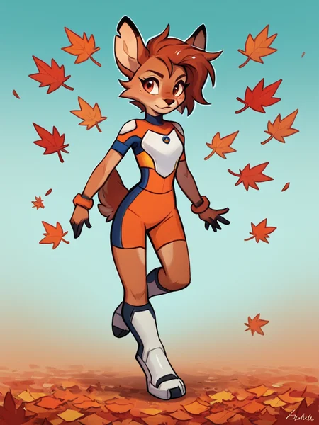 score_9, score_8_up, female, solo, full body, digital art, highly detailed, <lora:Elora_the_Fawn v3:0.6> etfawn, red and orange leaves, <lora:Ultra_Guardians_Uniform:1> ultraguardians