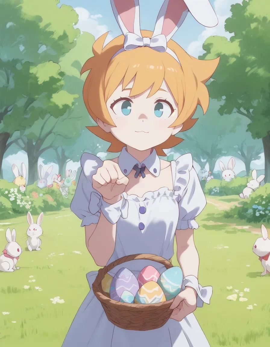 (score_9, score_8_up, score_7_up), 1girl, transparent bunny girl outfit, silk wrist ribbons, collar, bright easter day, solo, easter egg, easter, egg, easter egg basket, baby rabbit, playful pose with egg, delighted face, pastel-colored spring background, Expressiveh, Lotte Jansson, Lotte Jansson