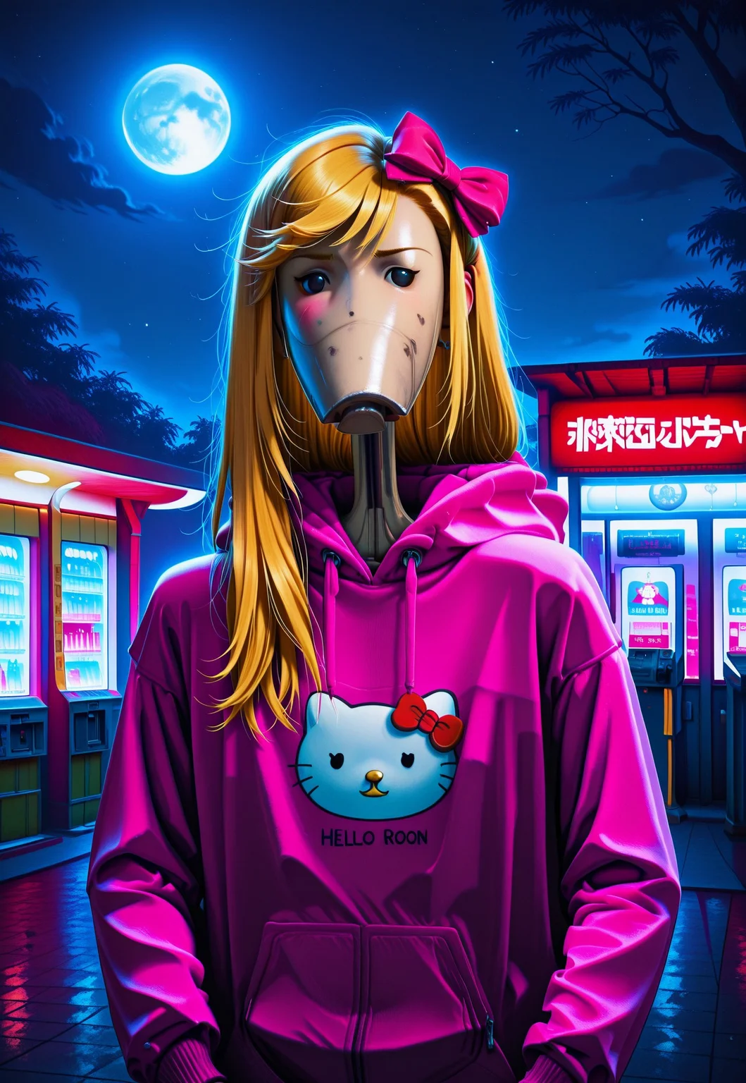 Masterpiece, absurdres, highest quality, highly detailed, newest, 8k, solo, 1boy, b1bd, cl4nker, asymmetrical bangs, long hair, hair bow, pink and blonde hair, hello kitty hoodie, baggy hoodie, blushing, outside a gas station, night, moon,