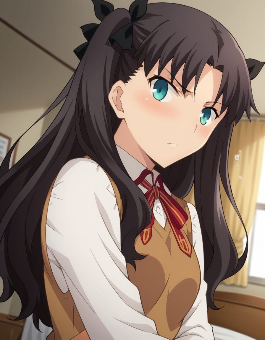 score_9, score_8_up, score_7_up, source_anime,
rintohsaka, <lora:rin-tohsaka-ubw-ponyxl-lora-nochekaiser:1>,
rin tohsaka, aqua eyes, black hair, hair ribbon, long hair, ribbon, sidelocks, two side up, parted bangs,
brown sweater vest, collared shirt, homurahara academy school uniform, neck ribbon, red ribbon, ribbon, school uniform, shirt, sweater vest, white shirt,
indoors, bed, bed room, on side, blush, drunk,
looking at viewer, dutch angle, cowboy shot,