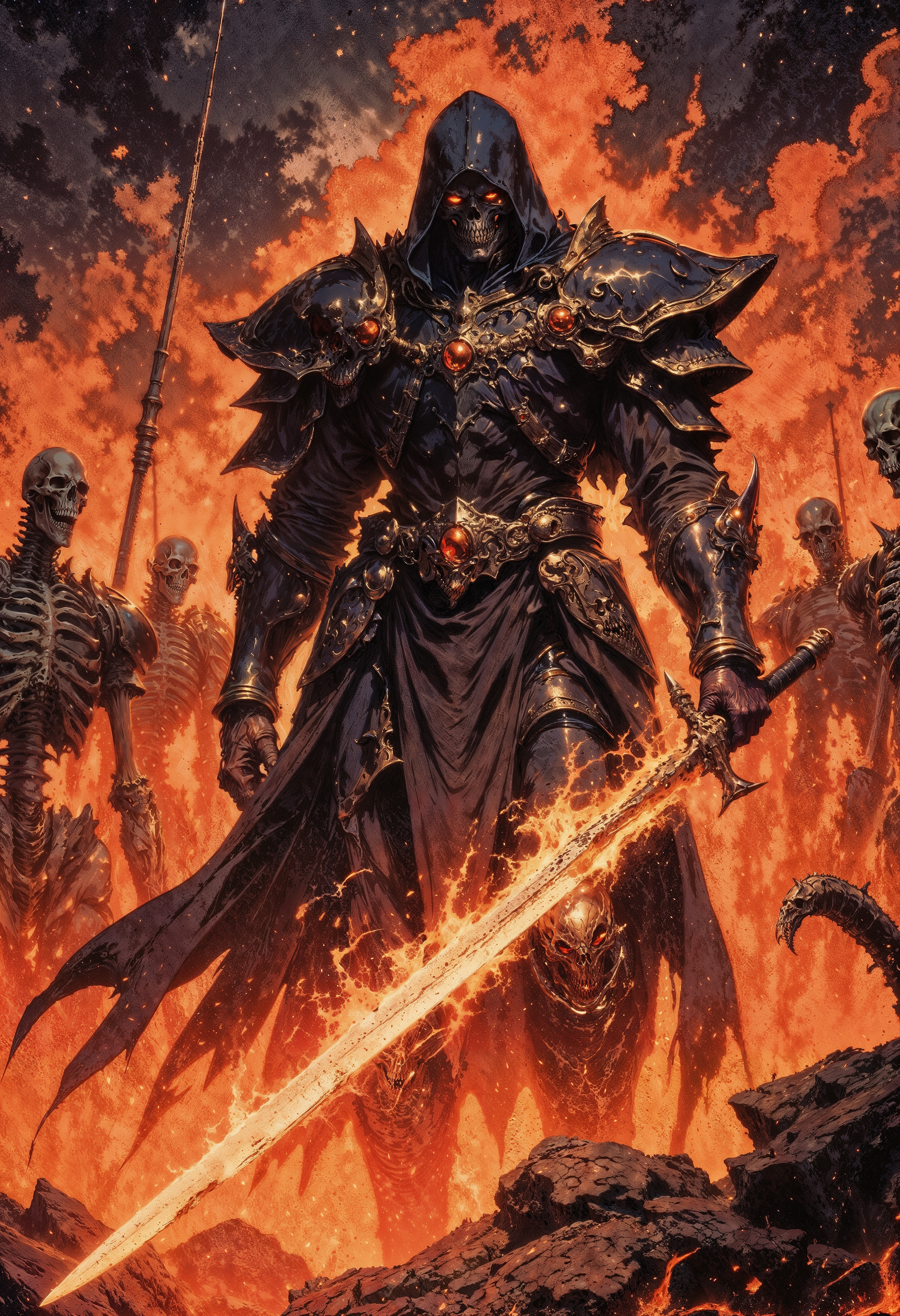 a dramatic and intense scene. The central figure is a warrior clad in tattered, dark armor and a hooded cloak, wielding a large, flaming sword that illuminates the surroundings with a fiery glow. The warrior stands in a defensive stance, facing a horde of skeletal, zombie-like creatures with decayed, menacing features. The background is engulfed in flames and smoke, creating a chaotic and apocalyptic atmosphere. The color palette is dominated by dark tones with vibrant oranges and reds from the fire, enhancing the sense of danger and urgency. The composition is dynamic, with the central figure positioned slightly off-center, drawing the viewer's eye to the action and the contrast between light and shadow.