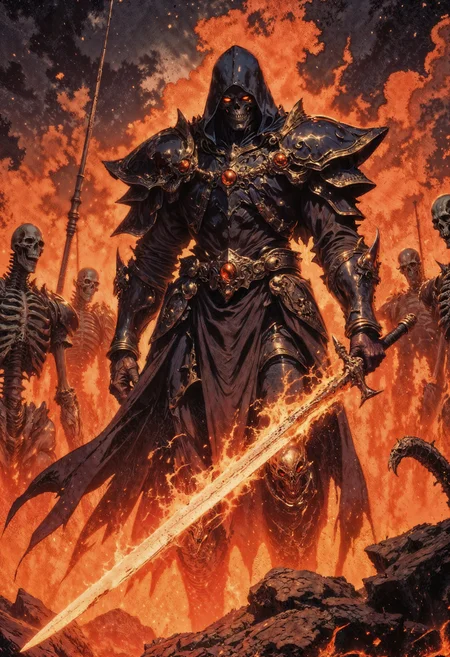 a dramatic and intense scene. The central figure is a warrior clad in tattered, dark armor and a hooded cloak, wielding a large, flaming sword that illuminates the surroundings with a fiery glow. The warrior stands in a defensive stance, facing a horde of skeletal, zombie-like creatures with decayed, menacing features. The background is engulfed in flames and smoke, creating a chaotic and apocalyptic atmosphere. The color palette is dominated by dark tones with vibrant oranges and reds from the fire, enhancing the sense of danger and urgency. The composition is dynamic, with the central figure positioned slightly off-center, drawing the viewer's eye to the action and the contrast between light and shadow.