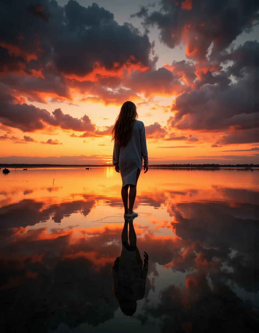A highly detailed cinematic photography.
a woman silhouette shape repeating like an infinite mirror into the sunset, infinite mirrored perspective, long exposure.