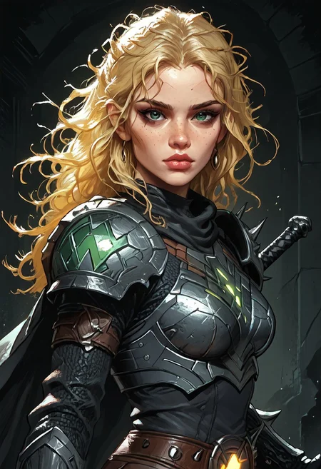 score_9, score_8_up, score_8, Science Fiction, Star Wars, perfecteyes, ultra detailed, Digital painting style, brushstrokes, high resolution, high quality, masterpiece, intricate details, intricate body, intricate landscape, knva, Expressiveh, European Instagram Model, upper body shot, low light, dungeon, ruins, green glow, black background,
BREAK
1girl, source_cartoon, mature female, magik, xmen, blonde hair, holding weapon, armor, holding sword, midriff, base armour, beautiful, messy hair, pale skin, full lips, looking at viewer,
<lora:PainterlyFantasiaPDXL:0.6>