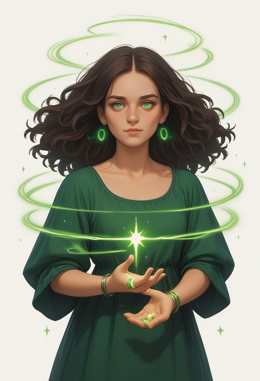 (score_9, score_8, score_7), masterwork, masterpiece, best quality,magicaura, 1girl, symmetrical layout, glowing green rings, white background, evenly spaced spirals