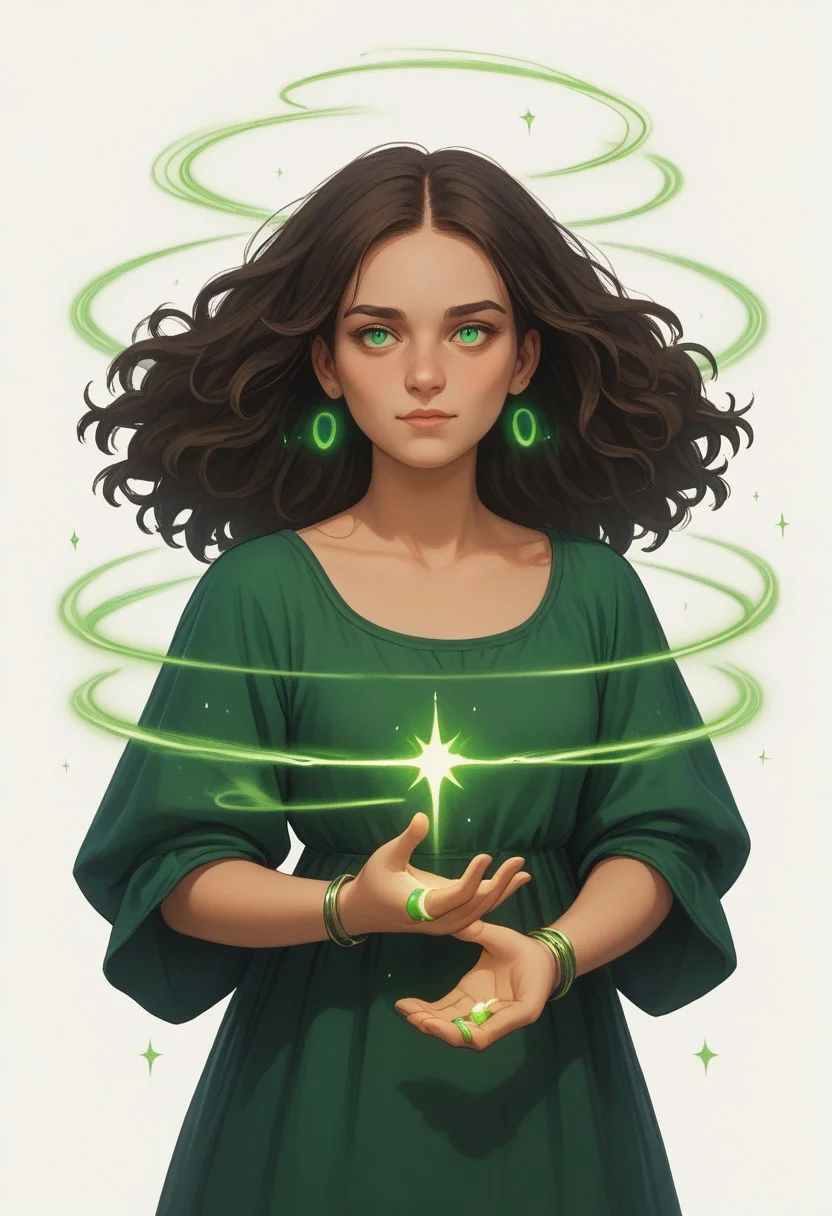 (score_9, score_8, score_7), masterwork, masterpiece, best quality,magicaura, 1girl, symmetrical layout, glowing green rings, white background, evenly spaced spirals