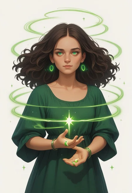 (score_9, score_8, score_7), masterwork, masterpiece, best quality,magicaura, 1girl, symmetrical layout, glowing green rings, white background, evenly spaced spirals