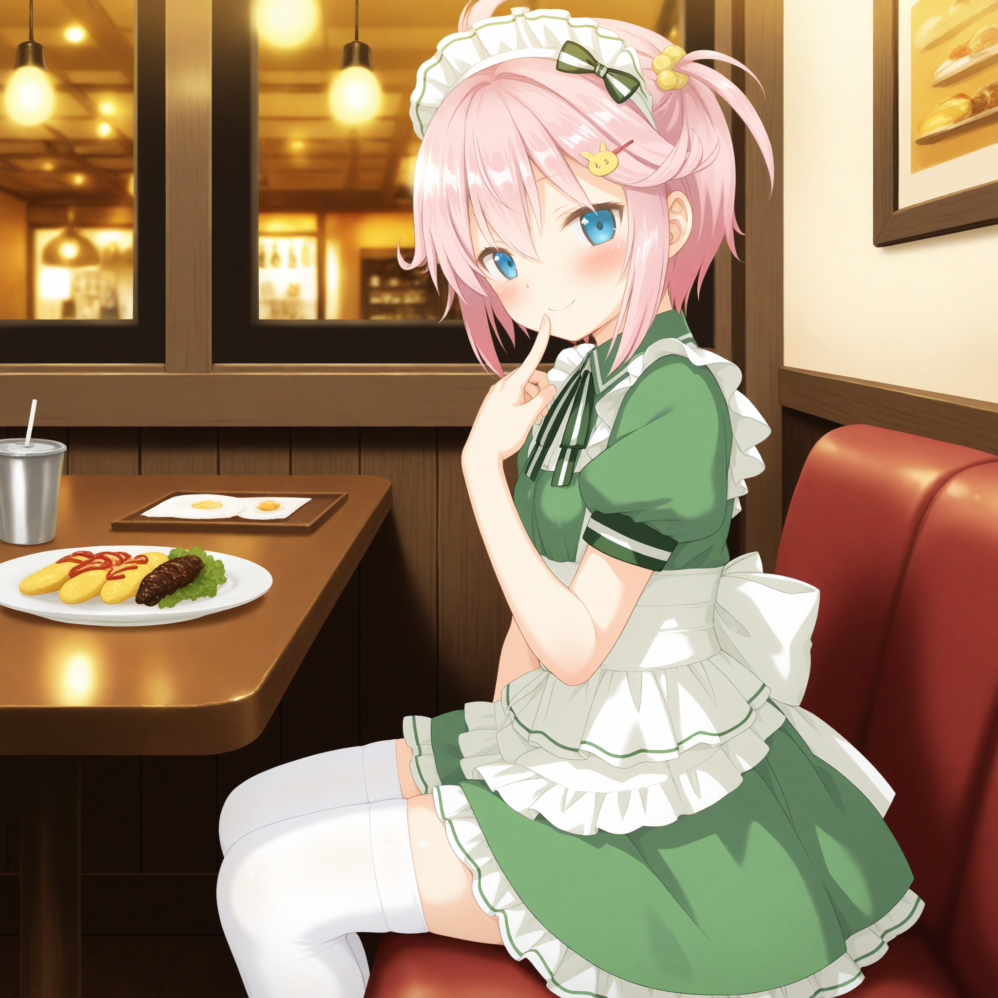 <lora:Andou_Chiwa_1_nai-000049:1>,Andou Chiwa,pink hair,blue eyes,
maid,maid headdress,white thighhighs,hair ornament,short sleeves,green dress,puffy sleeves,apron,frills,puffy short sleeves,
BREAK
1girl,solo,sitting,restaurant,from side,looking at viewer,finger to mouth,smile,blush,