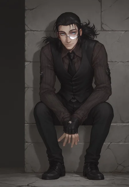 score_9, score_8_up, score_7_up, 1 boy, solo, DarkWalter, blue eyes, black hair, black tie, black vest, black pants, black shoes, black fingerless gloves, keychain, monocle, ponytail, full body, looking at viewer, gentle smile
