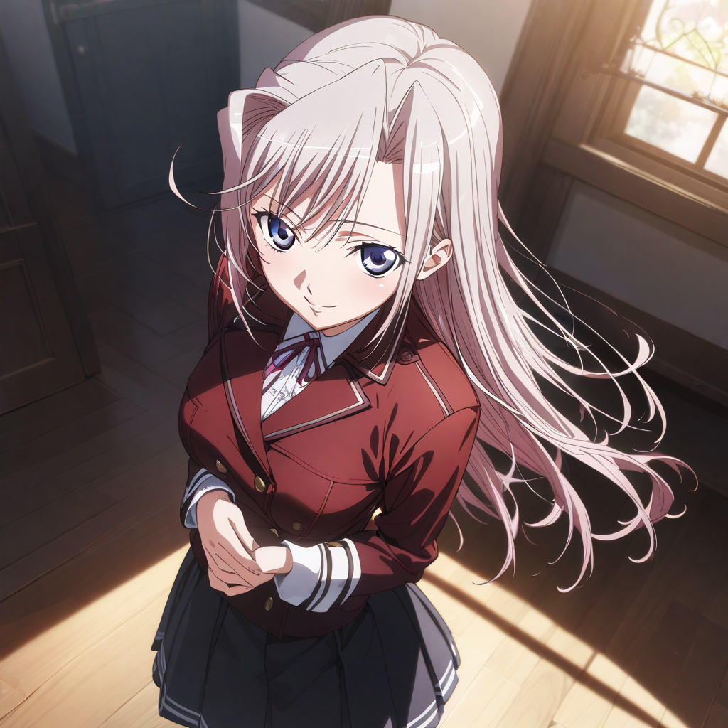 charlotte_hazelrink, 1girl, solo, pink hair, blue eyes, school uniform, white shirt, red jacket, black skirt, black pantyhose, cowboy shot, looking at viewer, smile, closed lips,  <lora:XL-Charlotte_Hazelrink(AnimeVer):1>, (masterpiece),(best quality),(ultra-detailed),(best illustration),(best shadow),(absurdres),(detailed background),(very aesthetic),