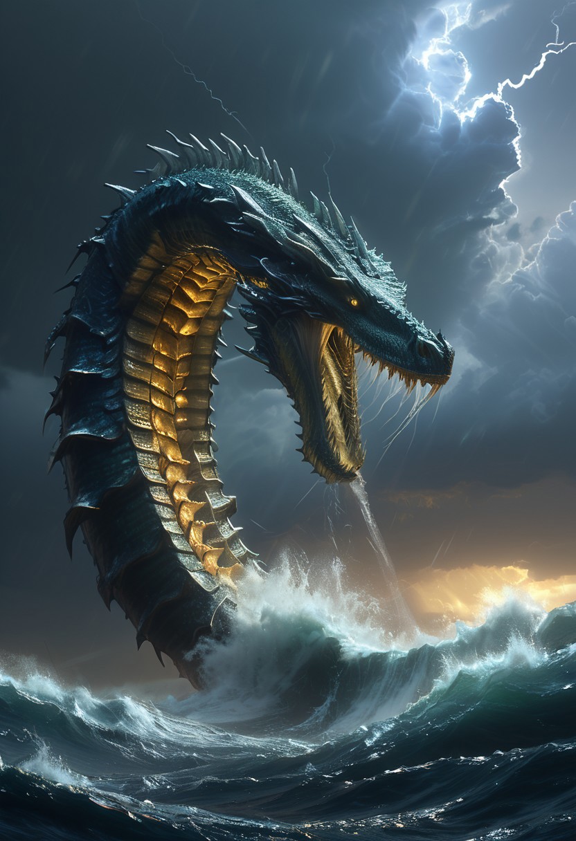 Sea Serpent Emperor: A titanic sea serpent, with scales shimmering like the ocean at dawn, thrashes across a stormy sea as your ship is caught in its death grip. Lightning crackles in the dark clouds overhead, illuminating the serpent’s multiple heads as they strike in unison. With limited footing on your vessel, you must aim for the glowing eyes of each head, timing your attacks between crashing waves,
Bosstyle<lora:CyberRealistic_Negative-neg:1>  <lora:detailed_notrigger:1>  <lora:XL_boss_battle:1>