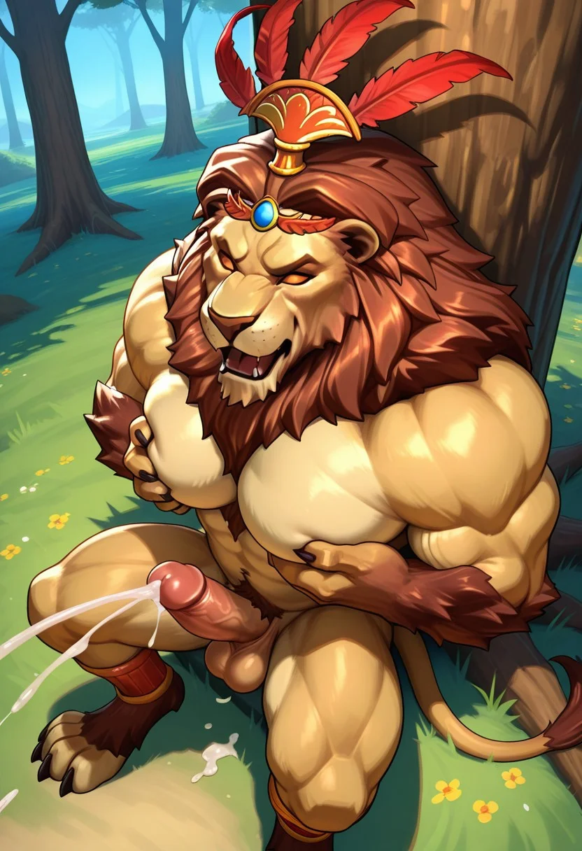 anhur (smite), solo, furry, lion, tail, detailed eyes, orange sclera, no pupils, glowing, pleasured, mouth open, muscular, masculine, large pectorals, dynamic angle, from above, sitting, against tree, headdress, circlet, nude, penis, testicles, erection, ejaculation, grabbing pecs, pec squish, unparalleled masterpiece, extremely-detailed, high resolution, intricate detail, very aesthetic, under tree, wind, scenery, newest