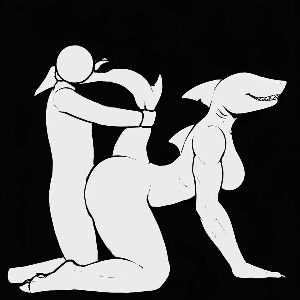 <lora:wrnsignPDXL:1> black background, black lineart, white body, lineless, flat colors, duo, side view, human on anthro BREAK
anthro, female, shark, eyeless, dorsal fin, medium breasts, muscular female, kneeling, from behind position, anal penetration, humanoid, male, tail grab