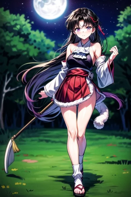 masterpiece, best quality 1girl Setsun4 solo long hair, (night time) forest background black hair very long hair purple eyes multicolored hair armor (fur trim) (medium body),<lora:EMS-179-EMS:0.800000>,<lora:EMS-293862-EMS:0.800000>ascot, bare shoulders, black footwear, detached sleeves, embellished costume, frills, japanese clothes, nontraditional miko, red skirt, sandals, sarashi, skirt, socks, armor, miko