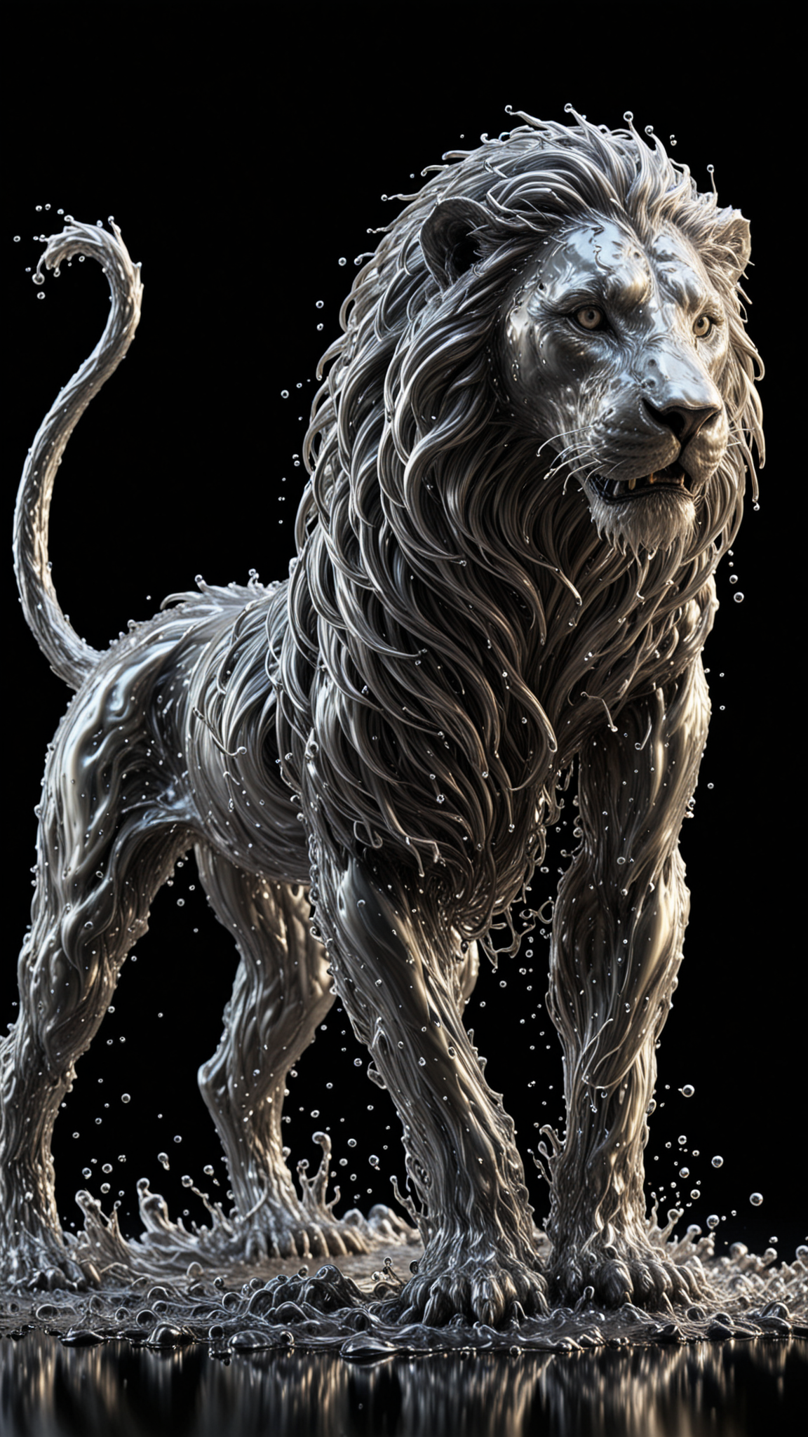 SILVER LIQUID METAL Lion Running through SILVER LIQUID METAL, Liquid metal sprays up from the Lions paws, drifting in a black void, <lora:Liquid_Fluid_Metal_XL_-_By_DICE:0.7>, UHD
