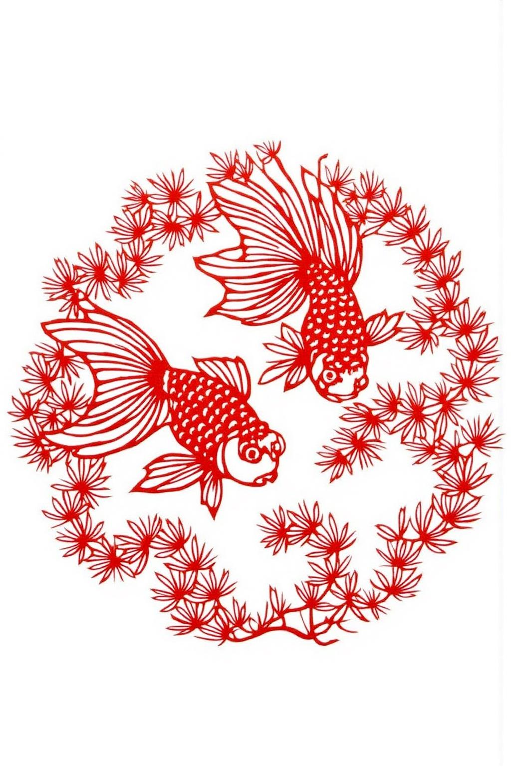 papercut art of two goldfish swimming in a circular composition. The goldfish are depicted with delicate, flowing fins. The are surrounded by water plants.  <lora:papercut1_cap_d6a3e12:1.0><lora:823259168371751977:0>