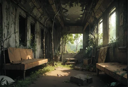 ,ruanyi0777,overgrown,tree,indoors,bedroom,ruins,<lora:0777 no one world_v1_pony:1>, score_9,score_8_up,score_7_up,,8k,1girl,solo,