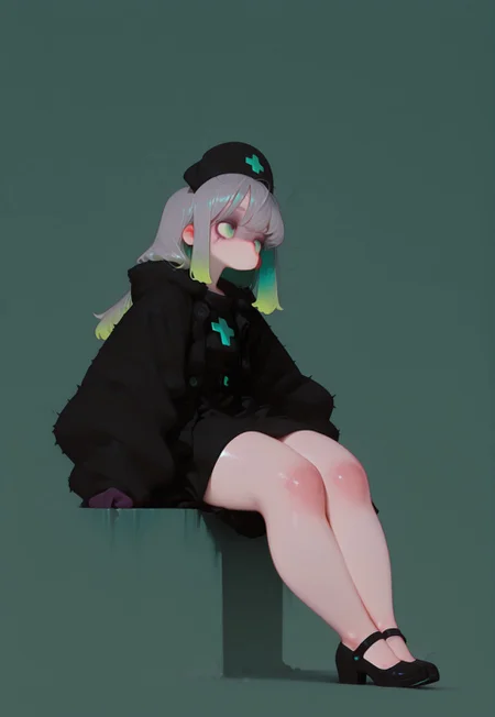 masterpiece, best quality, absurdres,
sitting, legs crossed ,
1girl, solo, full body shot,
looking side, inner hair color, grey  hair, gradient hair,
long hair,
messed hair ,
ultra detailed eyes, flat chest  , [[[abs]]],
nurse outfit, medium  skirt, no socks , pumps
, furry coat
,
,
skindentation,  ((chubby thick legs), thick legs, chubby legs), thick calf, [[muscular legs]:0.66],
taking rest, exhausted, looking side
,
(
simple background,
simple gradient
dark green  background
),
,
detailed eyes,
((nurzhan bekkaliyev)), small feet, perfect hands, fl4t,
MF9f