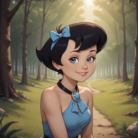 score_9, score_8, BREAK, solo, Betty_Rubble_(The_Flintstones), slim body, slender, fair skin, short hair, black hair in a bob, cyan halter dress connected to a white stone with black straps that tie around the back of her neck like a necklace, cyan bow in her hair, barefoot, self portrait, smile, looking at viewer, outdoors, sunlight, shadows, evening lighting, natural lighting, forest, trees, grass, orange sky, sunset
