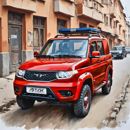a painting of red uaz_patriot with car license plates "ct0kk" in city in cartoon style <lora:uaz_patriot:1>