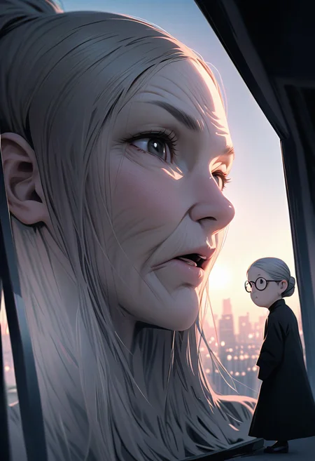 (graphic novel style, dark novel style:1.5),(anime), (masterpiece:1.4), (soft cinematic light:1.1), incredibly lifelike, Extremely high-resolution details, 8k, best quality,extremely detailed, contrast,
high tech design,
 gallery of contemporary art, inside, a old woman walking against the backdrop of a giant floor-to-ceiling window, through which one can see a city landscape with skyscrapers and a sunset ,fullbody, open mouth, ((elderly)) woman in a ((black long dress)) and black high-heeled shoes, elderly, old woman, [Nordic], Hourglass elongated body, Oval Face, Long neck, Rounded shoulders, long slim thin arms, Attached Pointed ears, round forehead, (gray Updo short combed back hair), snub nose, Arched eyebrows, Monolid black Eyes, High Round Narrow cheekbones, Hollow Cheeks, Rounded Chin, Rounded Jawline, thin Lips, (black eyes), (square glasses), Wrinkles and Fine Lines, a large white canvas at the wall,