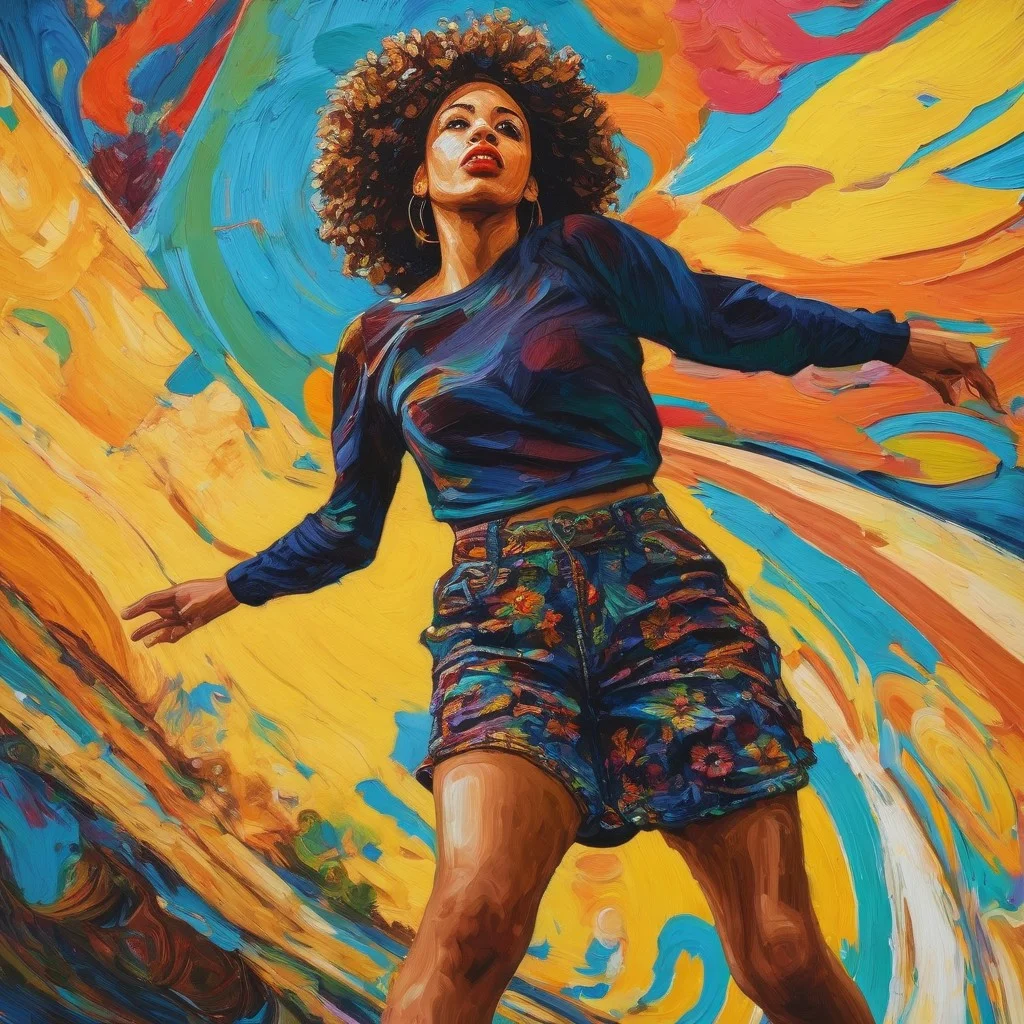 Biracial girl, disco rollerblading, perspective from below, vibrant colours, Van Gogh style