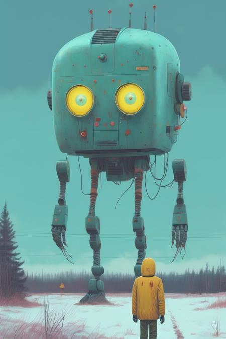 <lora:Simon Stalenhag:1>Simon Stalenhag - A 2D illustration of a portrait of an AI, leaving a lasting legacy in the digital world. Imagined by Simon Stålenhag and wes anderson. Created